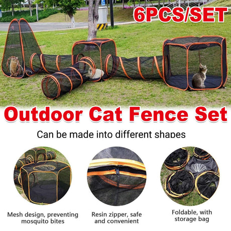 Foldable cat tunnel outdoors playpen with breathable mesh, zippered doors, and portable design for outdoor pet fun.