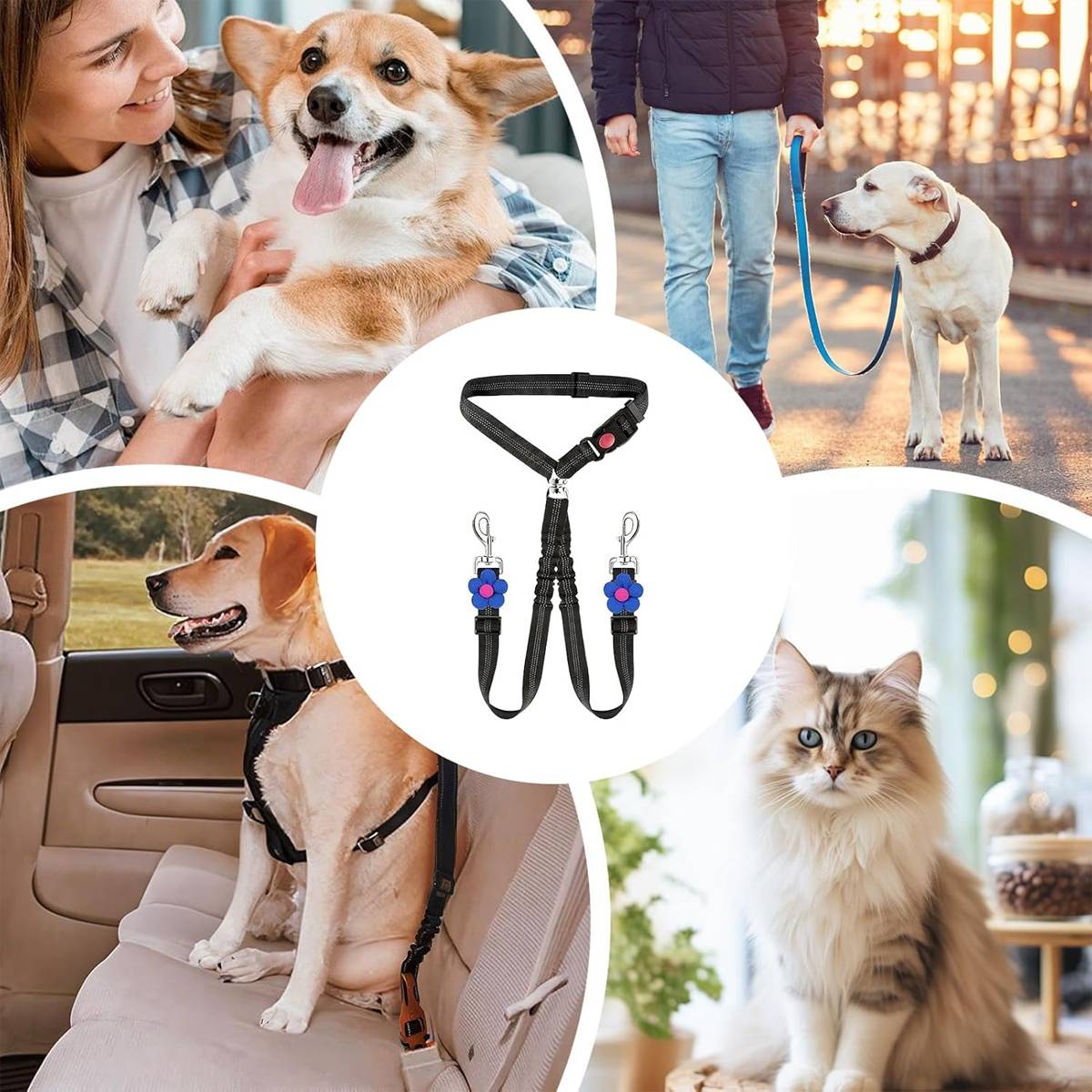 Adjustable Dual Dog Leash Car Seat Belt Strap