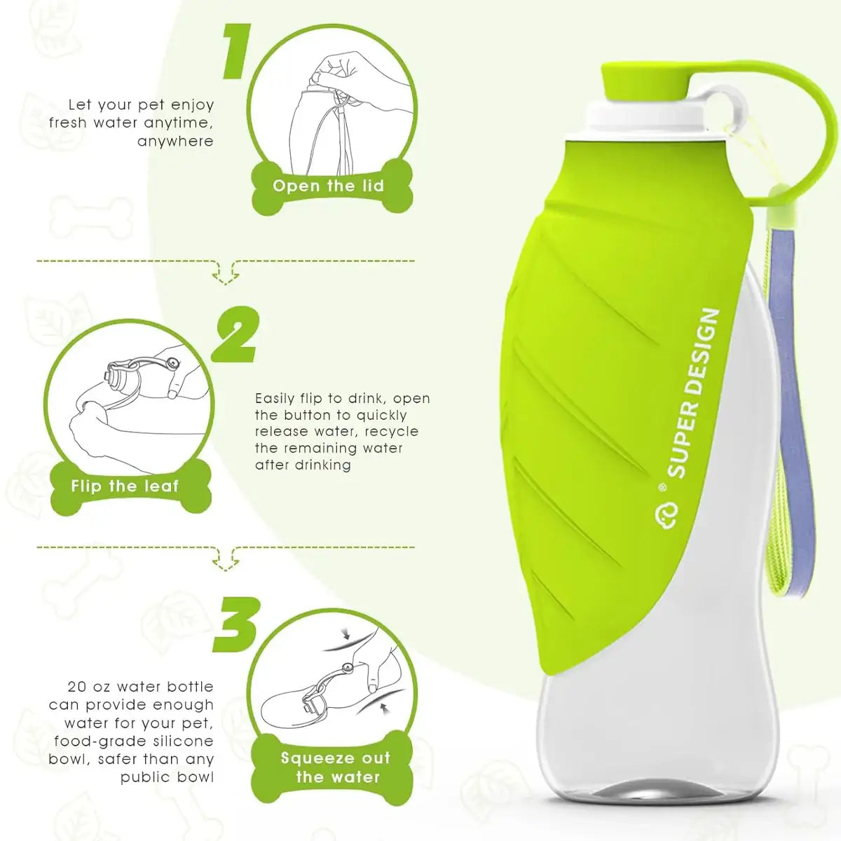 Portable Silicone Pet Drinking Cup with Leaf Bowl 580ml Water Bottle