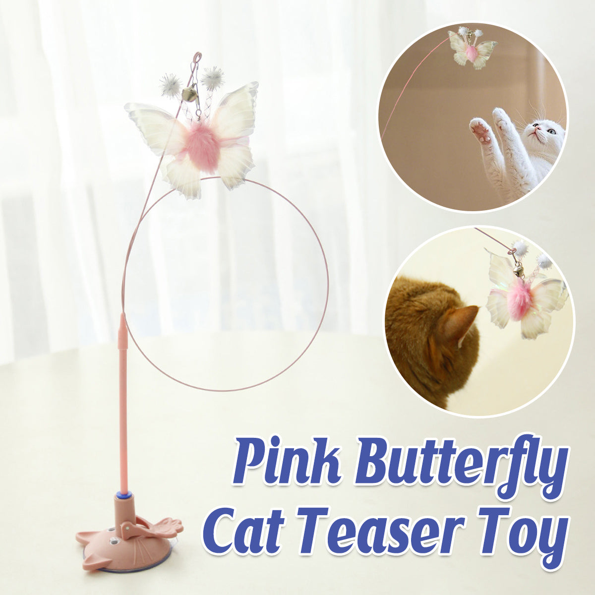 Pink Butterfly Cat Teaser Toy With Suction Base