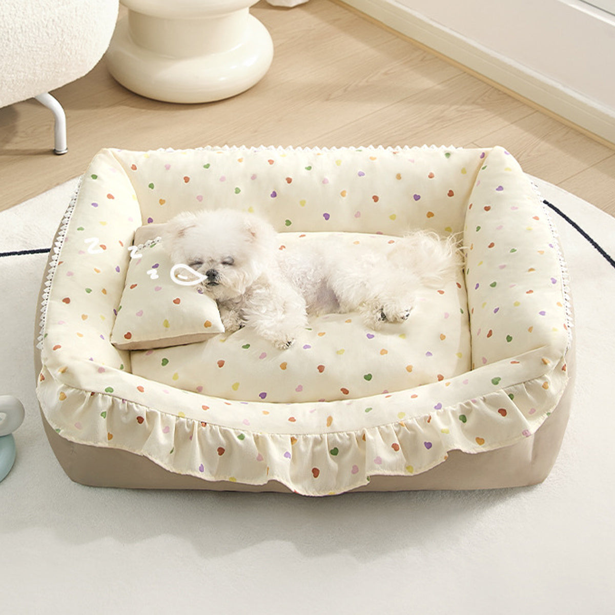 Ruffled Pet Bed Cozy Washable Dog and Cat Sleeping Nest with Pillow