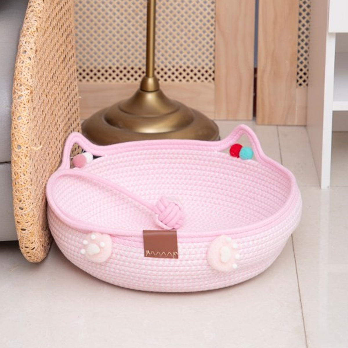 Hand-Woven Cotton Cat Nest Bed with Toy Ball for Kittens Pink