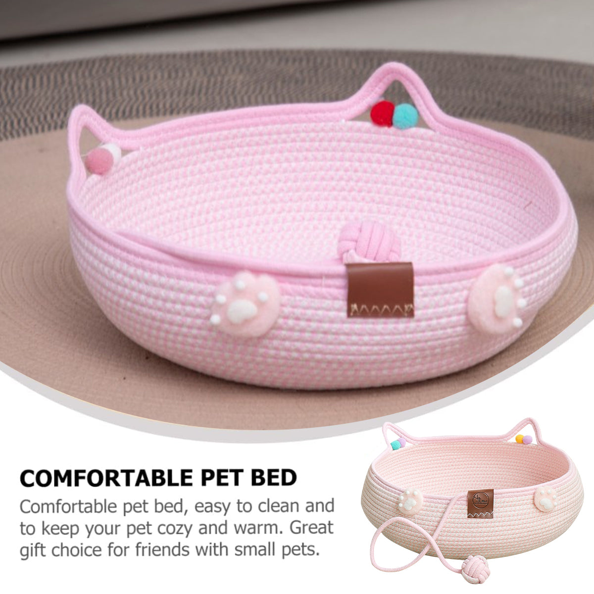 Hand-Woven Cotton Cat Nest Bed with Toy Ball for Kittens Pink