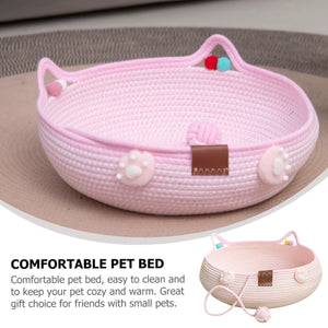 Hand-Woven Cotton Cat Nest Bed with Toy Ball for Kittens Pink