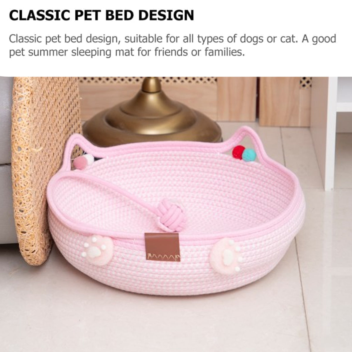 Hand-Woven Cotton Cat Nest Bed with Toy Ball for Kittens Pink