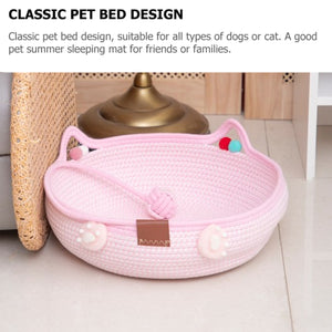 Hand-Woven Cotton Cat Nest Bed with Toy Ball for Kittens Pink