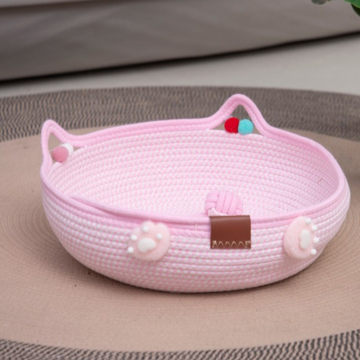 Hand-Woven Cotton Cat Nest Bed with Toy Ball for Kittens Pink