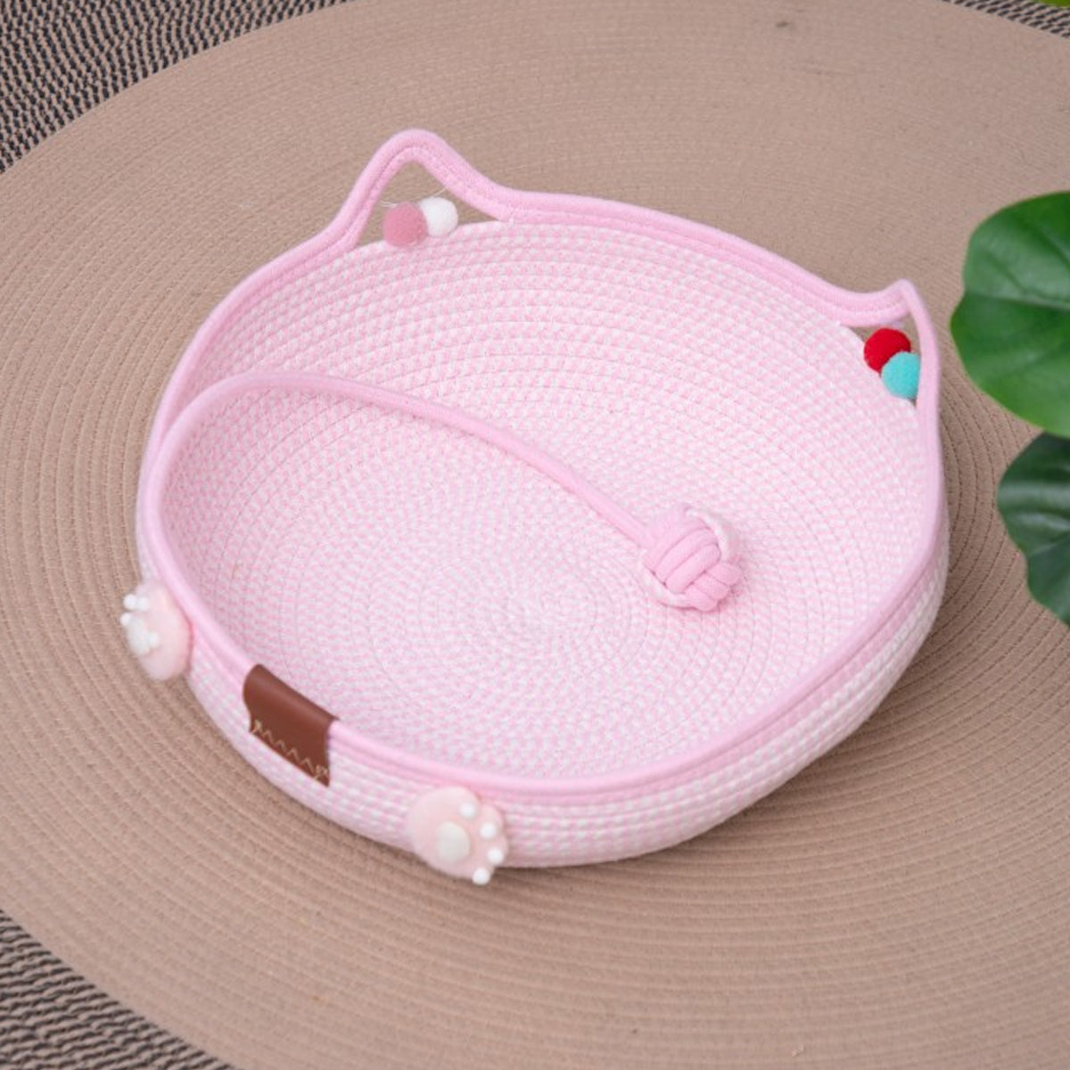 Hand-Woven Cotton Cat Nest Bed with Toy Ball for Kittens Pink