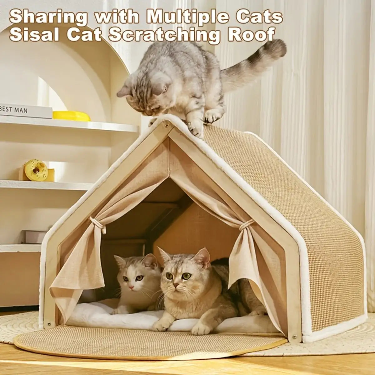 Sisal Cat House with Scratching Roof and Foldable Floor Mat
