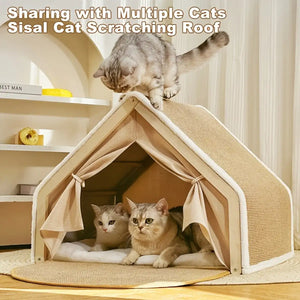 Sisal Cat House with Scratching Roof and Foldable Floor Mat