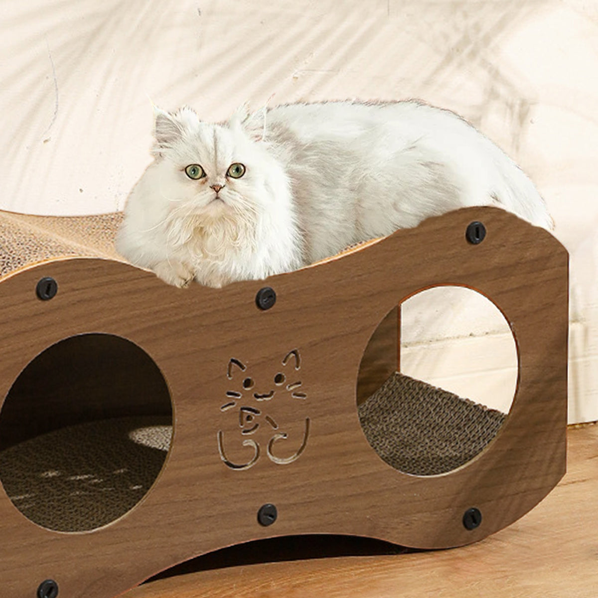 3-in-1 Cat Scratcher Tunnel House with Bed & Tunnel Walnut Colour