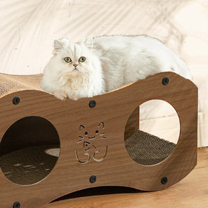 3-in-1 Cat Scratcher Tunnel House with Bed & Tunnel Walnut Colour