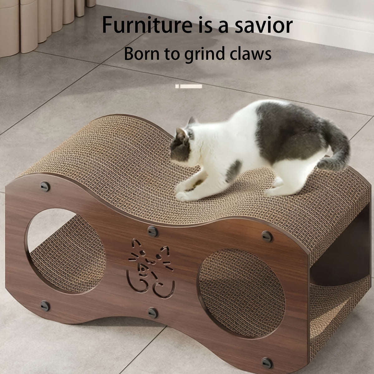 3-in-1 Cat Scratcher Tunnel House with Bed & Tunnel Walnut Colour