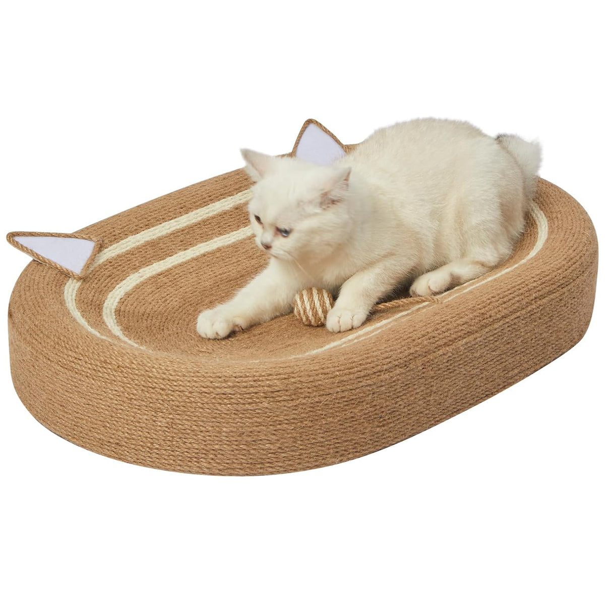 Oval Sisal Cat Scratching Bed with Ball Toy and Ears Design