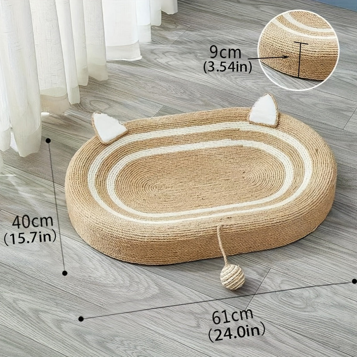 Oval Sisal Cat Scratching Bed with Ball Toy and Ears Design