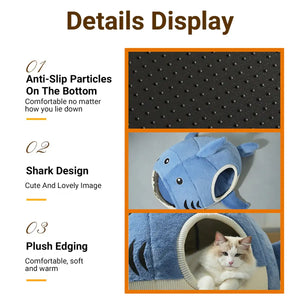 Shark Cat Cave Bed with Plush Cushion for Small Pets