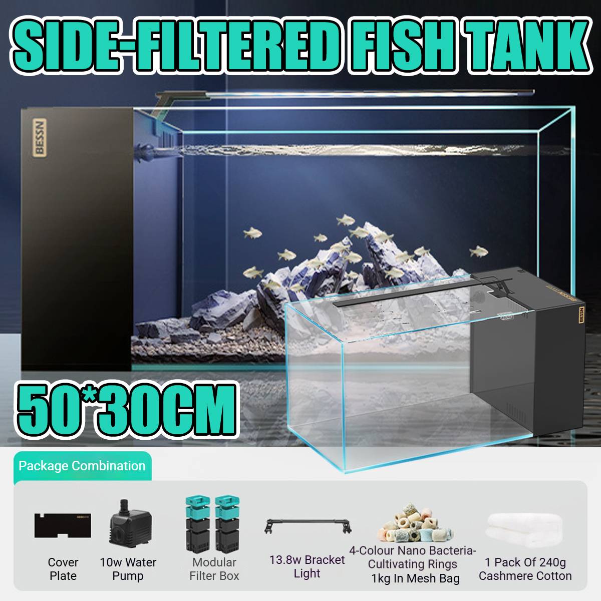 Side Filter Fish Tank - BESSN 50x30 New Generation Aquarium Set