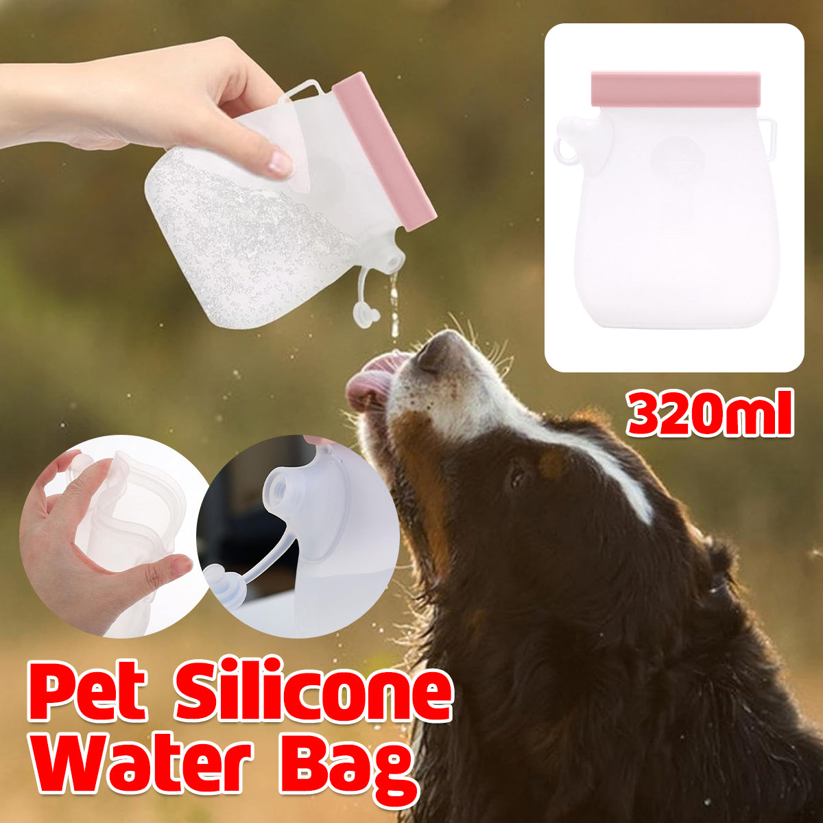 Portable Pet Water Bag 320ml Silicone Travel Bottle for Dogs & Cats
