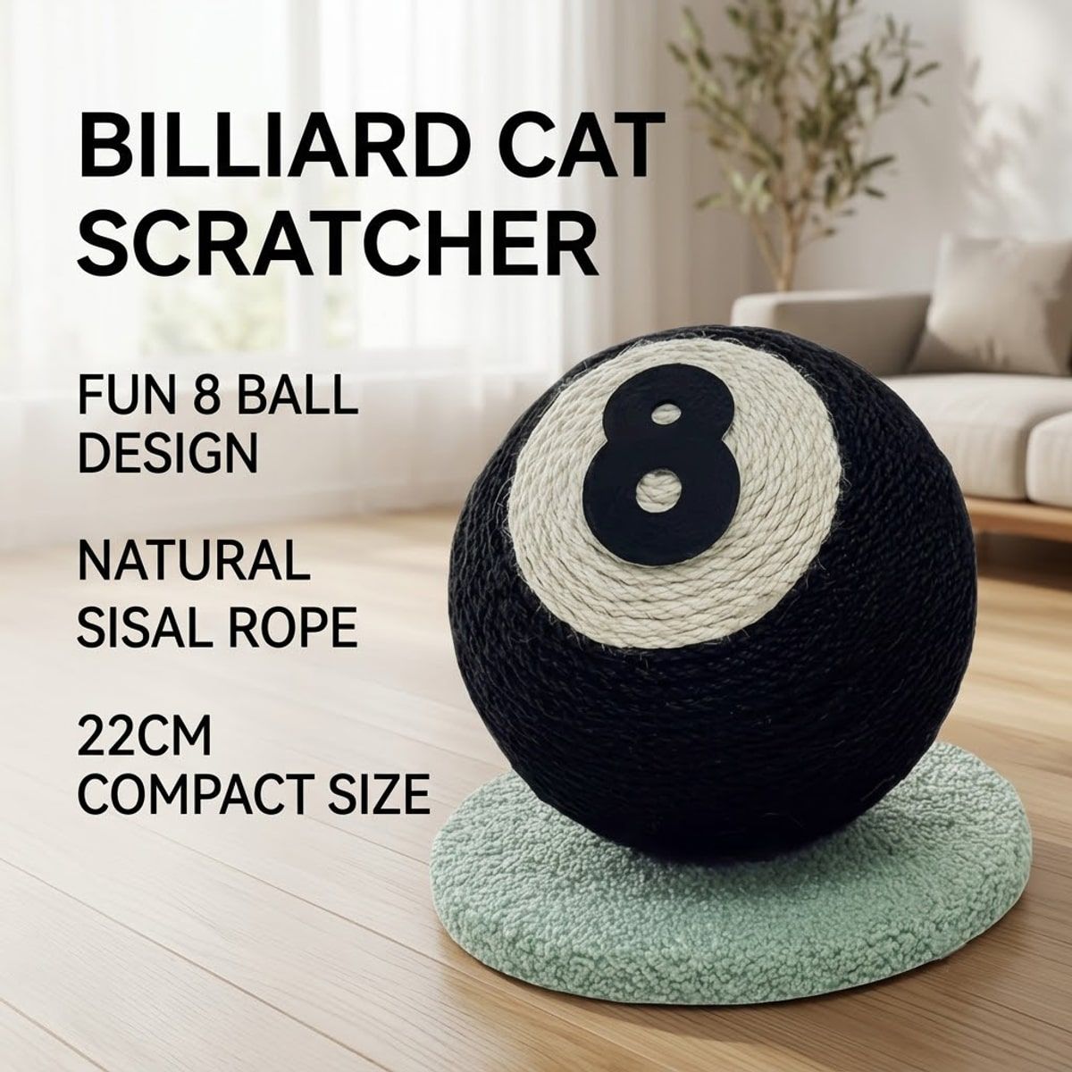 Black 8 Ball Sisal Cat Scratcher Toy Stand