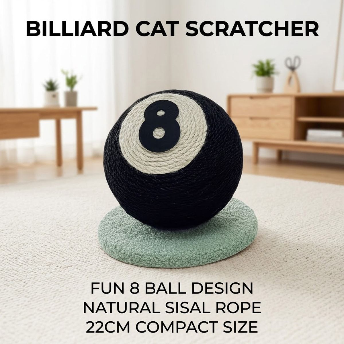 Black 8 Ball Sisal Cat Scratcher Toy Stand