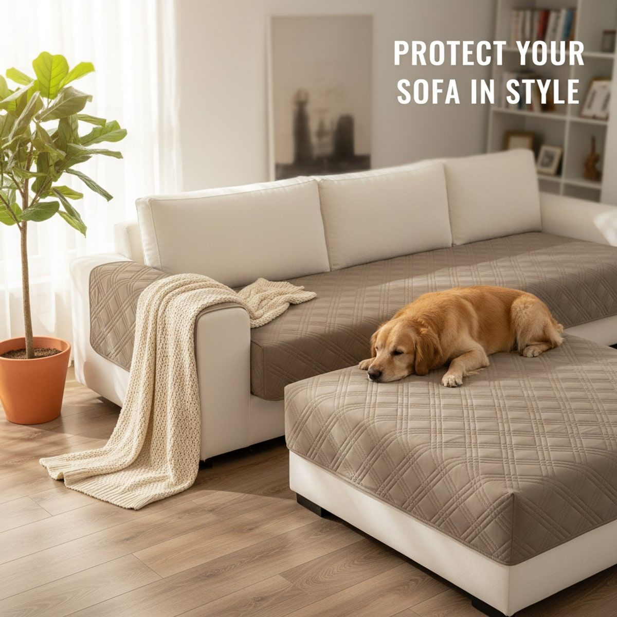 2 Pcs Khaki Waterproof Quilted Pet Sofa Covers