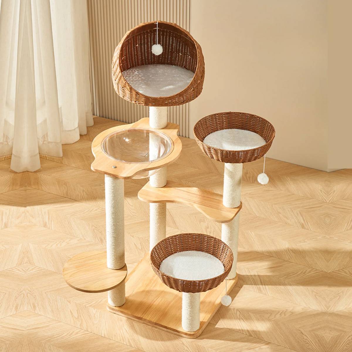 Wood Cat Climbing Frame With Rattan Beds