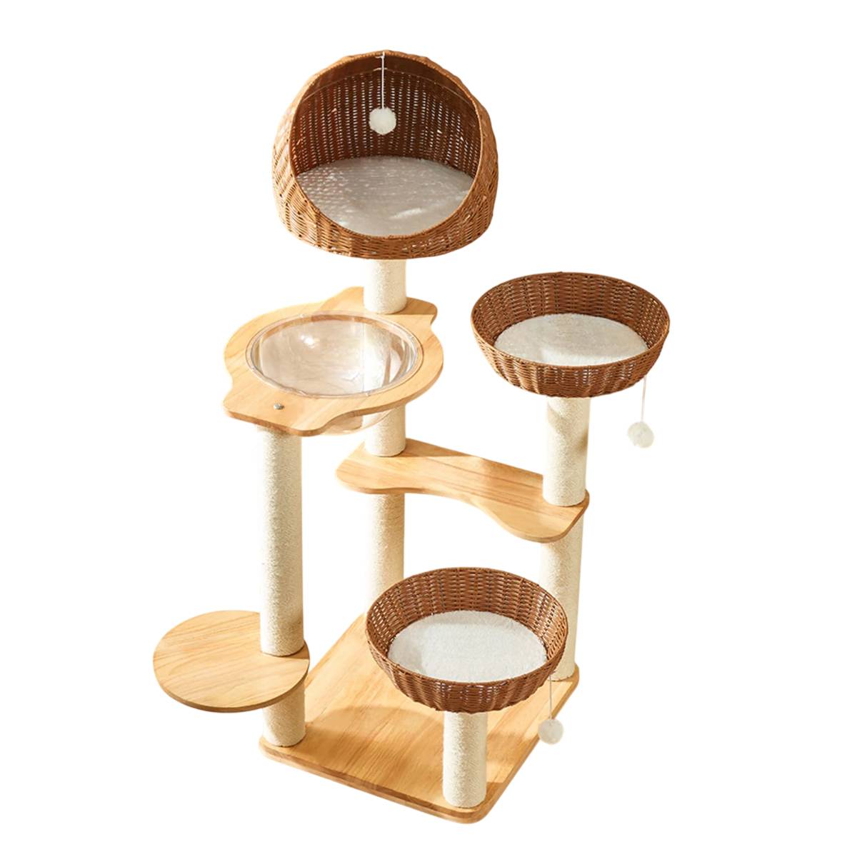 Wood Cat Climbing Frame With Rattan Beds