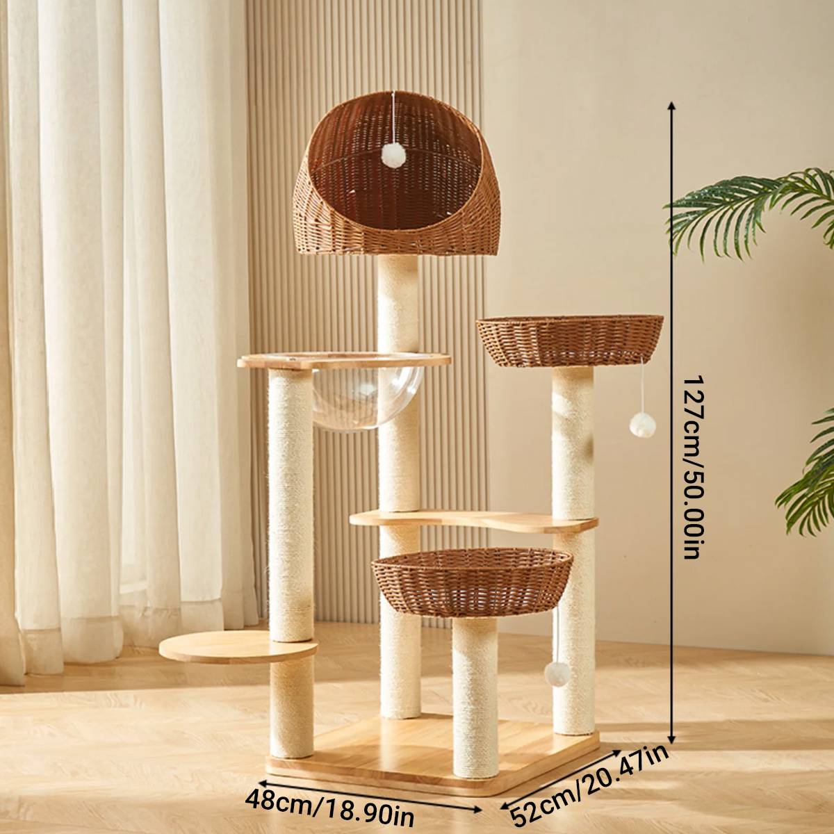 Wood Cat Climbing Frame With Rattan Beds