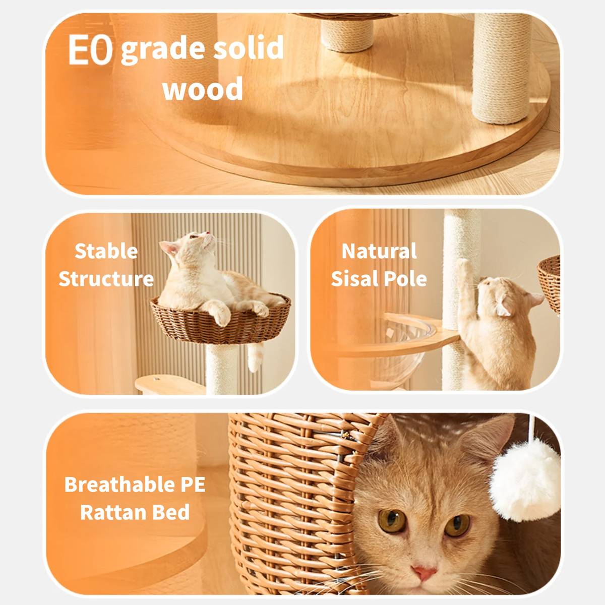 Wood Cat Climbing Frame With Rattan Beds