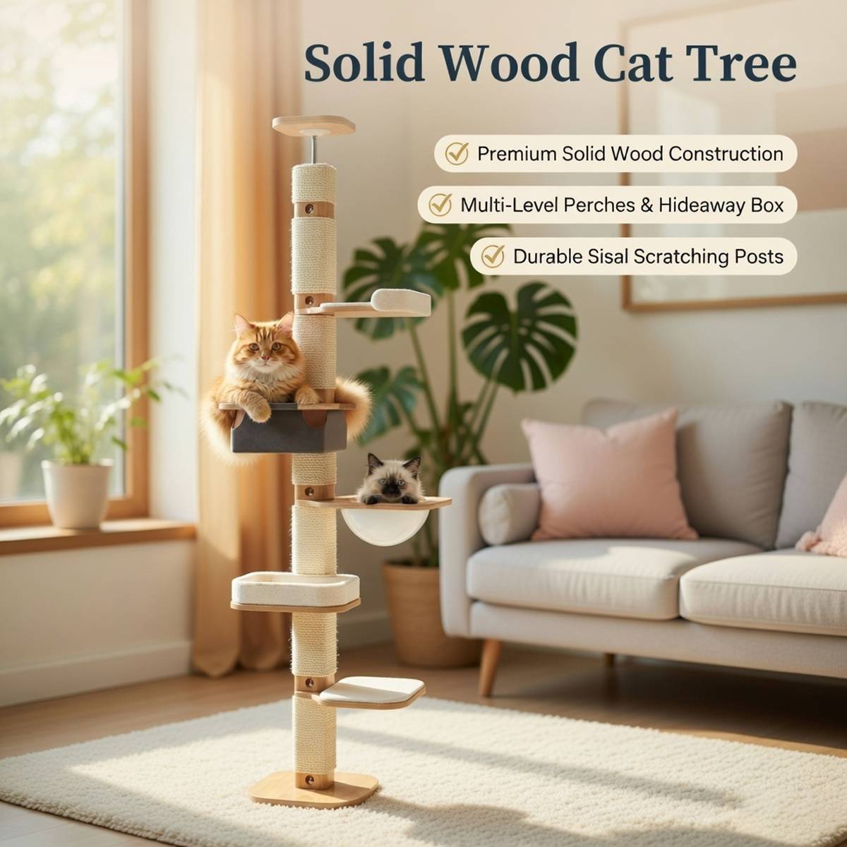 Solid Wood Floor to Ceiling Cat Tree | Adjustable Height Cat Tower