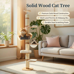 Solid Wood Floor to Ceiling Cat Tree | Adjustable Height Cat Tower