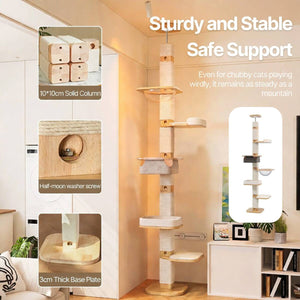 Solid Wood Floor to Ceiling Cat Tree | Adjustable Height Cat Tower