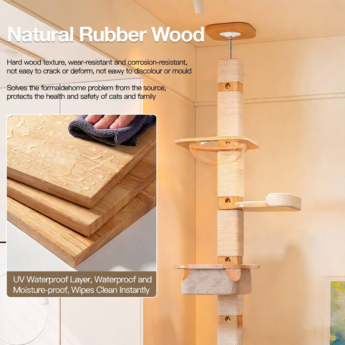 Solid Wood Floor to Ceiling Cat Tree | Adjustable Height Cat Tower