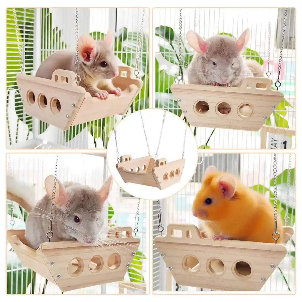 Wooden Hanging Small Animal Hammock Cage Swing Bed for Hamsters & Chinchillas