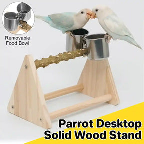 Wooden bird perch stand with stainless steel feeding bowls for parrots