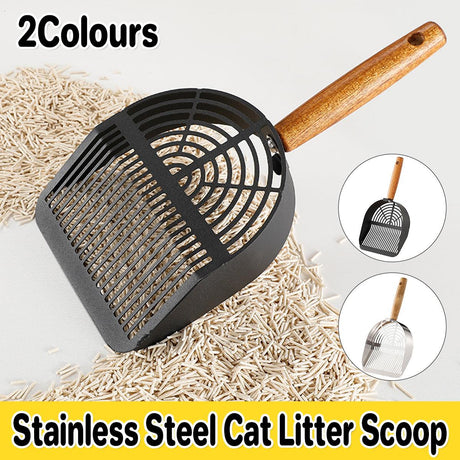 Stainless steel cat litter scoop with ergonomic wooden handle