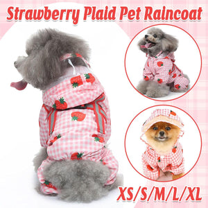 Strawberry plaid dog raincoat with transparent hood