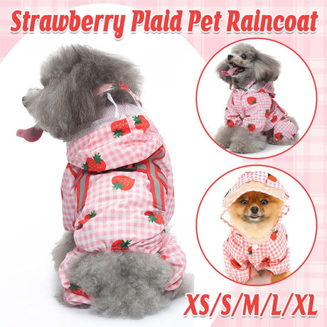 Strawberry plaid dog raincoat with transparent hood