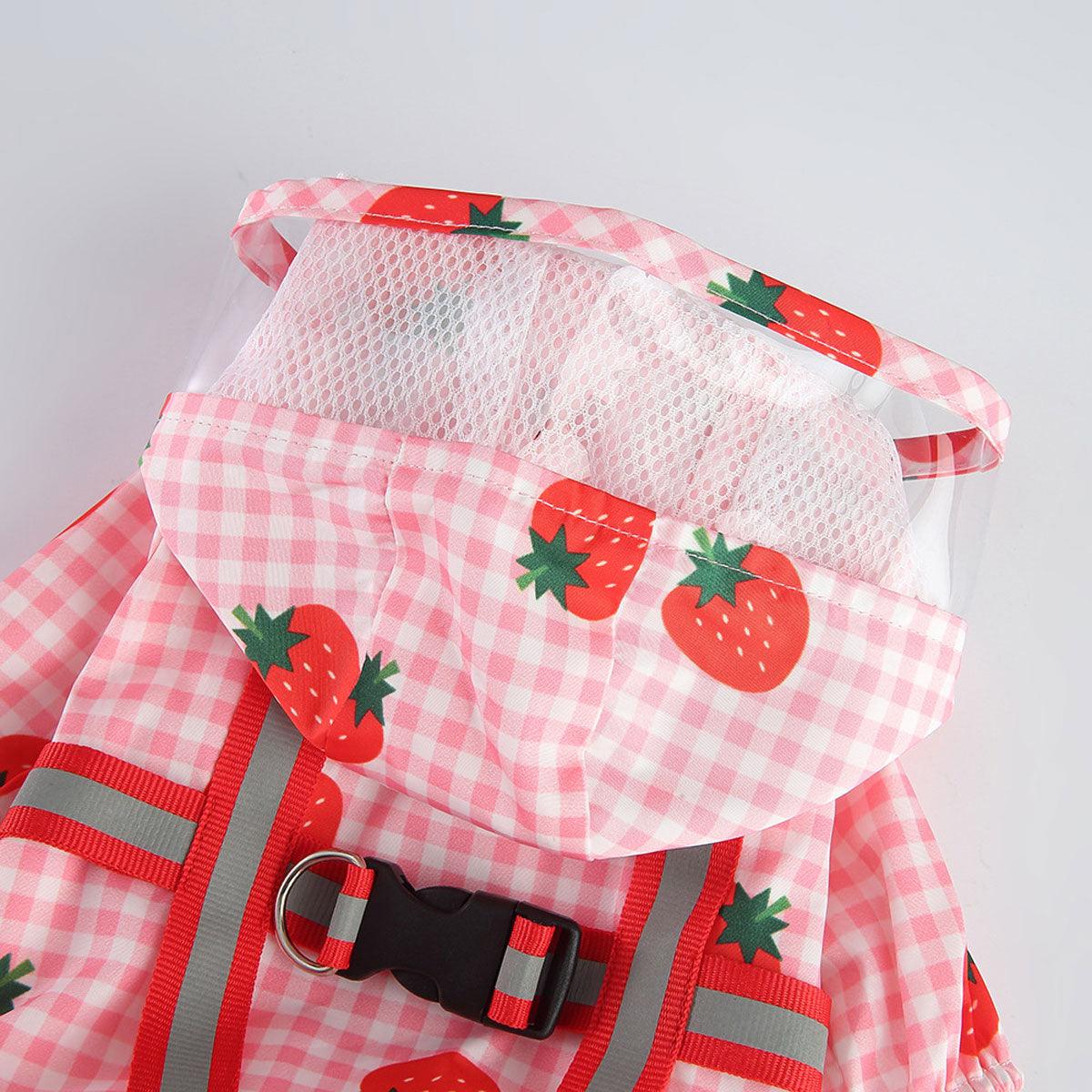 Strawberry Plaid Dog Raincoat Waterproof Pet Jacket with Hood