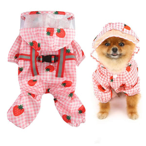 Strawberry Plaid Dog Raincoat Waterproof Pet Jacket with Hood