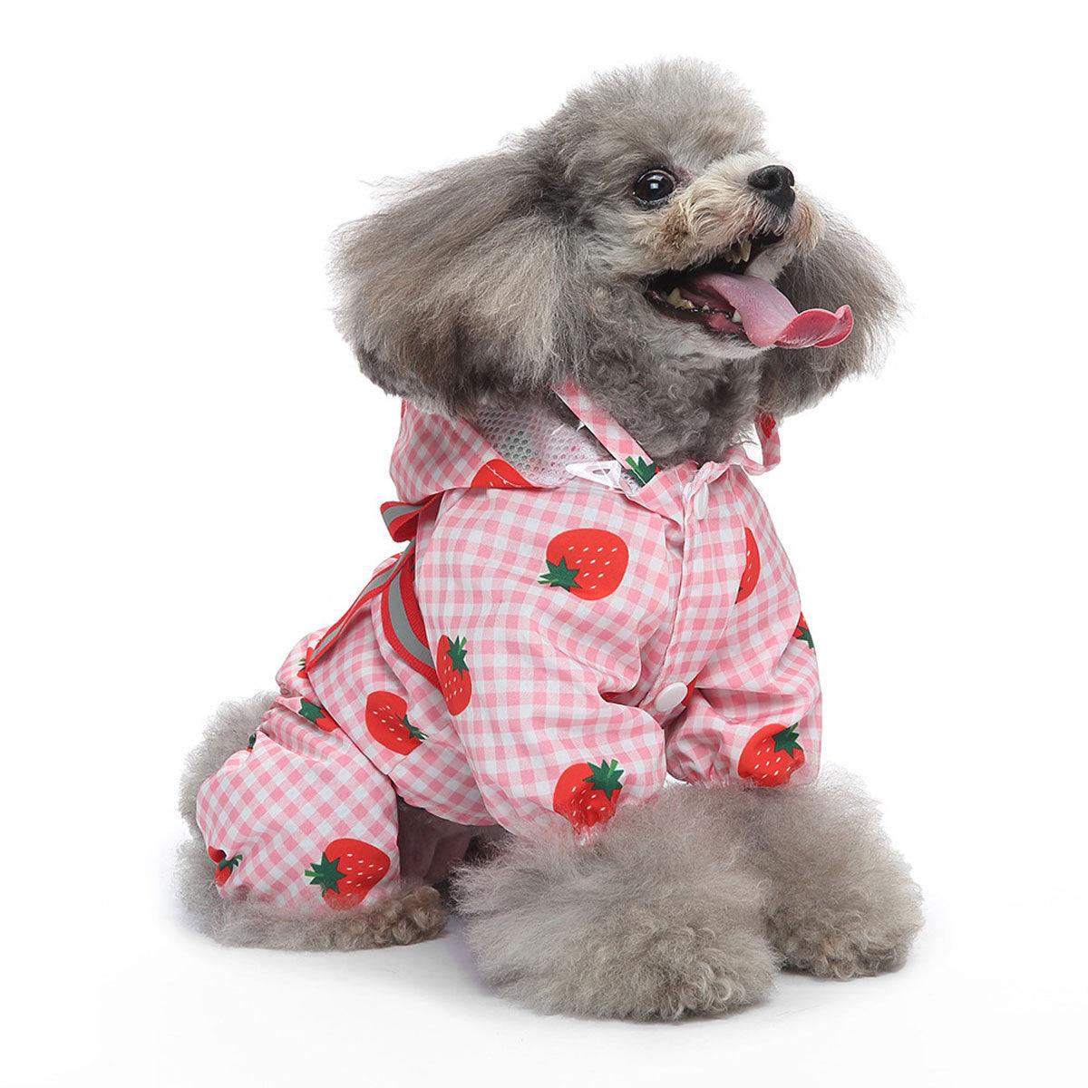 Strawberry Plaid Dog Raincoat Waterproof Pet Jacket with Hood