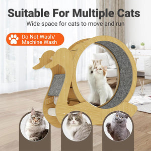 Spacious Wooden Cat Treadmill with Scratch Pad & Quiet Rollers
