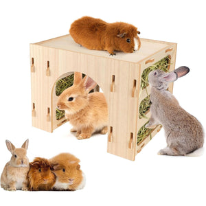 3-in-1 Wooden Hideout Tunnel with Bunny Hay Feeder Rack