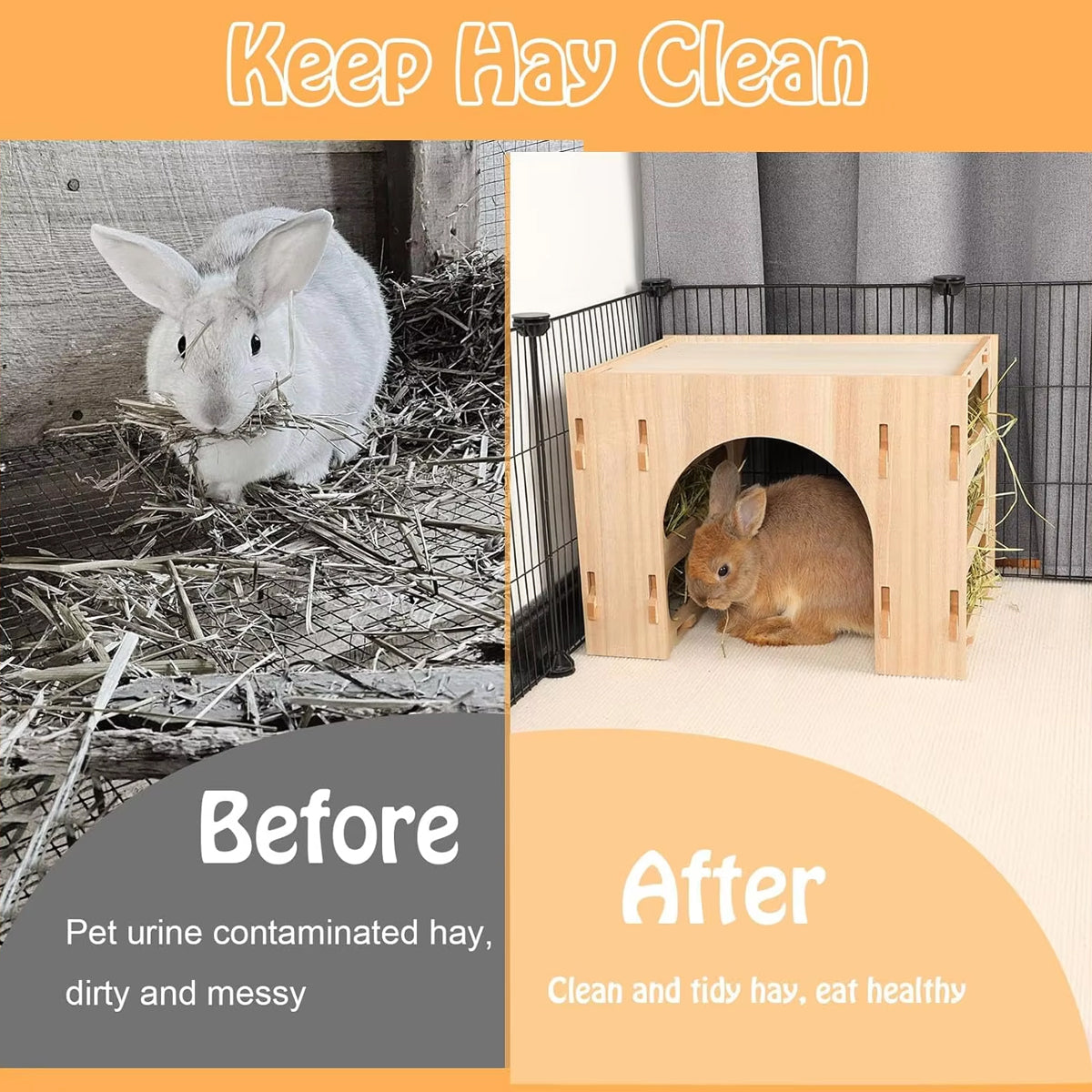 3-in-1 Wooden Hideout Tunnel with Bunny Hay Feeder Rack