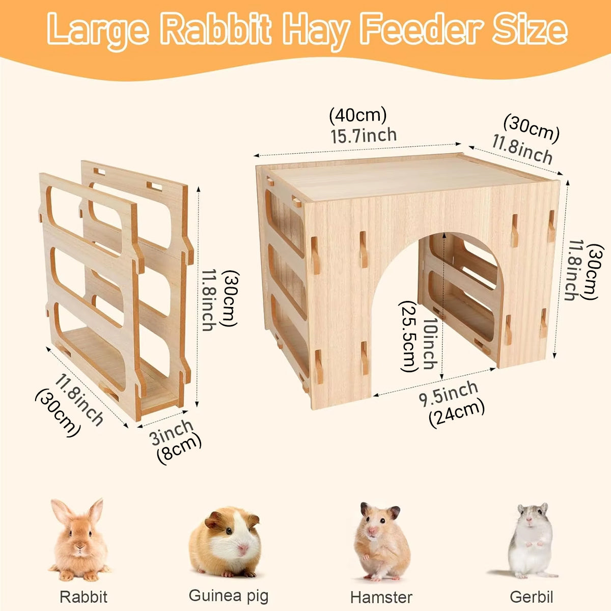 3-in-1 Wooden Hideout Tunnel with Bunny Hay Feeder Rack
