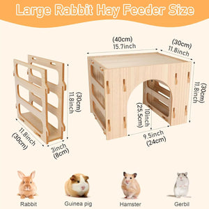 3-in-1 Wooden Hideout Tunnel with Bunny Hay Feeder Rack