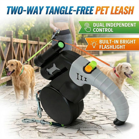 Retractable dual dog leash with swivel connector in black and grey