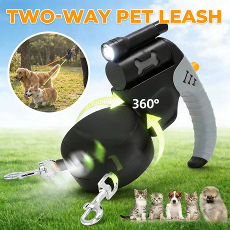 Retractable dual dog leash with swivel connector in black and grey – product view 2