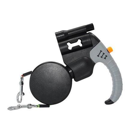 Retractable dual dog leash with swivel connector in black and grey – product view 3