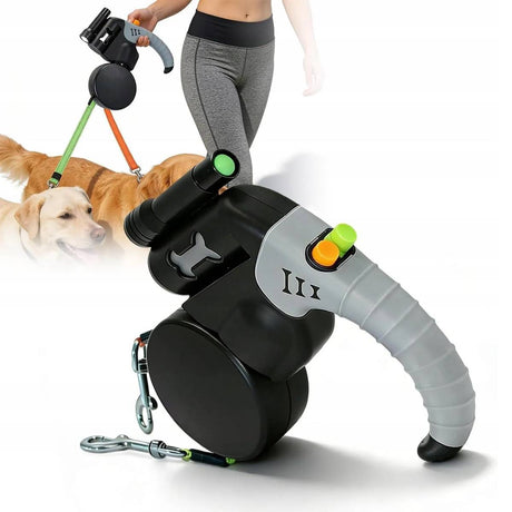 Retractable dual dog leash with swivel connector in black and grey – product view 4